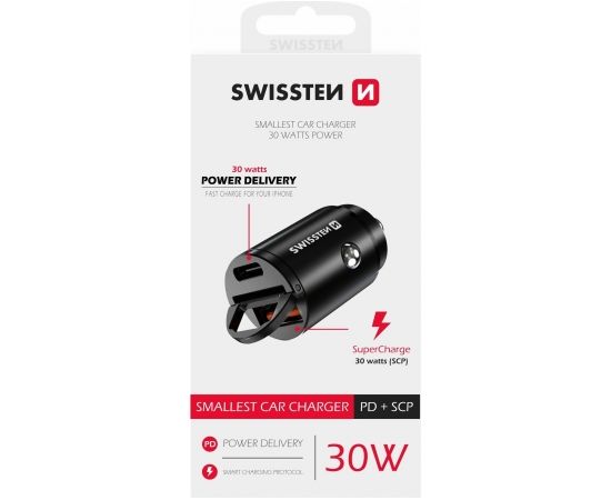 Swissten 30W Nano Металлический адаптер для автомобильного зарядного устройства с 30W PD / SCP / Черный