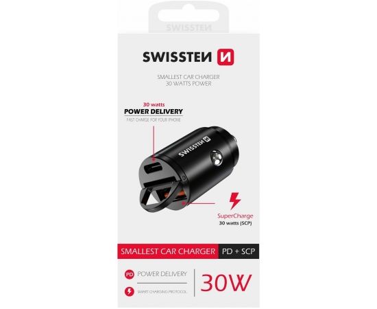 Swissten 30W Nano Metāla Automašīnas Lādētāja Adapteris ar 30W PD / SCP / Melns