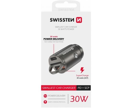 Swissten 30W Nano Металлический адаптер для автомобильного зарядного устройства с 30W PD / SCP / Серебряный