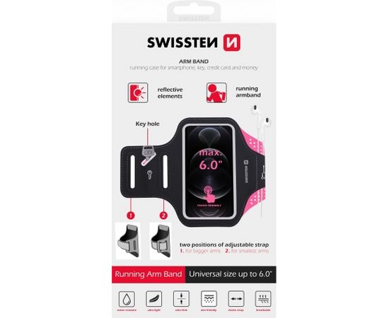 Swissten Чехол- Повязка на руку для телефонов до 6 дюймов розовый