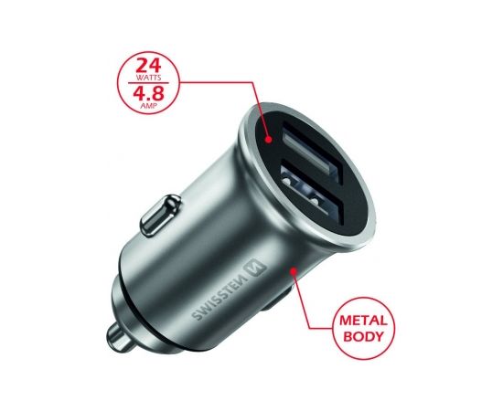 Swissten Metal Premium Auto Lādētājs 2 x USB / 4.8A Sudraba