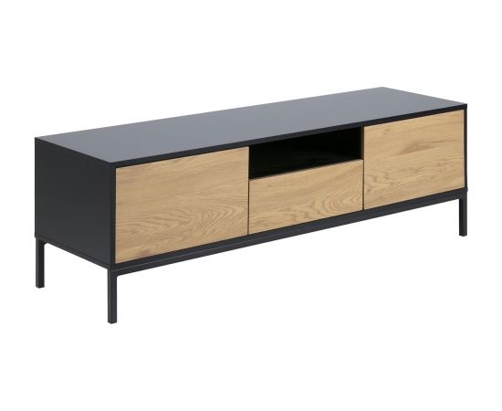 TV galds SEAFORD, 140x40xH45cm, rāmis MDF, lakots, matēts melns, 2 durvis, savvaļas ozolkoka papīrs, 1 atvilktne, metāla