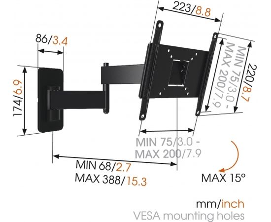 Vogels Wall mount, MA2040-A1, 19-40 ", Full motion, Maximum weight (capacity) 15 kg, VESA 100x100, 100x200, 200x100, 200x200 mm, Black