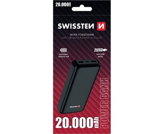 Swissten Worx Power Bank Переносная зарядная батарея 2x 2.4А USB / Smart IC / 20000 mAh / Черная