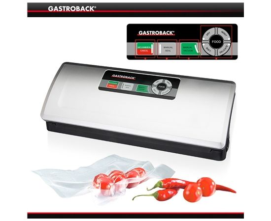 Gastroback Vacuum Sealer  46008 Two operating modes, fully automatic and manual, Inox, 120 W, 10 slipped foil bags (small and large)
