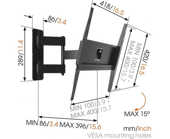 Vogels MA3040-A1, 32-55 ", Full Motion, Maximum weight (capacity) 25 kg, VESA 200x100, 200x200, 300x300, 400x400 mm, Black