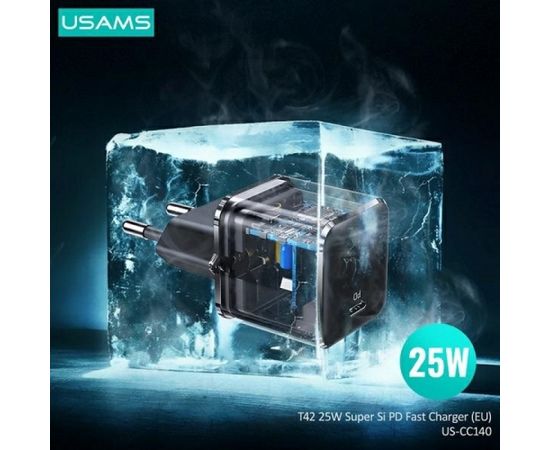 Usams T42 US-CC140 Mini Universāls Ātrs lādētājs 25W 1x USB-C (Type-C) Ligzda PD 3.0 3A Melna