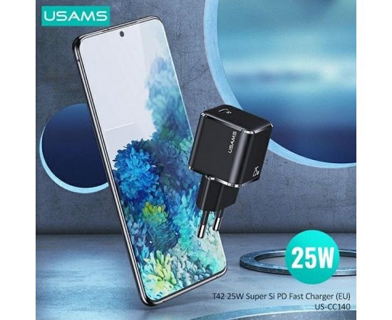 Usams T42 US-CC140 Mini Universāls Ātrs lādētājs 25W 1x USB-C (Type-C) Ligzda PD 3.0 3A Melna