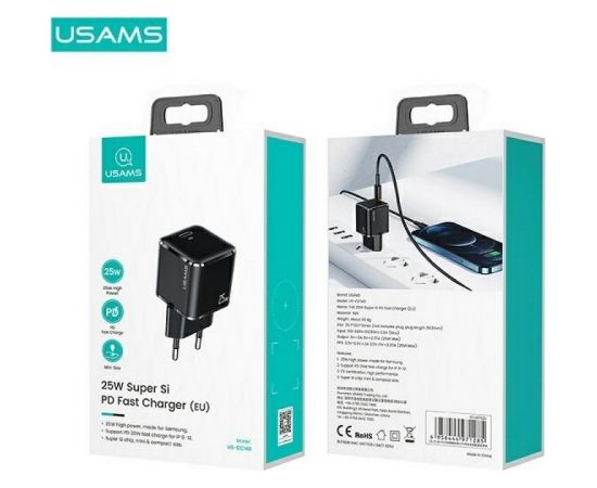 Usams T42 US-CC140 Mini Universāls Ātrs lādētājs 25W 1x USB-C (Type-C) Ligzda PD 3.0 3A Melna