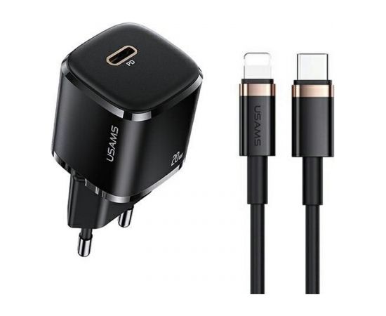 Usams T36 Wall Charger 20W 1x USB-C Plug PD charge + USB-C to Lightning 1m Cable for iPhone 11 12 13 Black