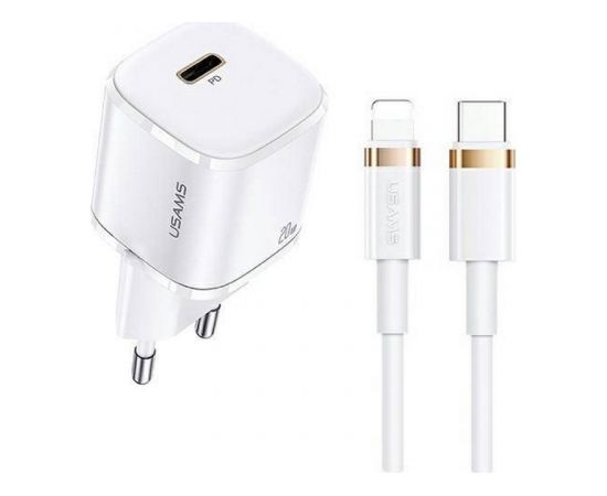 Usams T36 Tīkla lādētājs 20W 1x USB-C ligzdas PD uzlāde + USB-C uz Lightning 1m Vads preikš iPhone 11 12 13 Balta