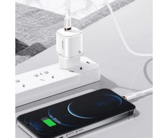 Usams T36 Tīkla lādētājs 20W 1x USB-C ligzdas PD uzlāde + USB-C uz Lightning 1m Vads preikš iPhone 11 12 13 Balta