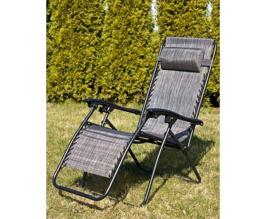 Saska Garden Daudzfunkcionāls saliekams dārza klāja krēsls ar galdu un avīžu turētāju 175x52 / 65x110cm, pelēks Dārza krēsli
