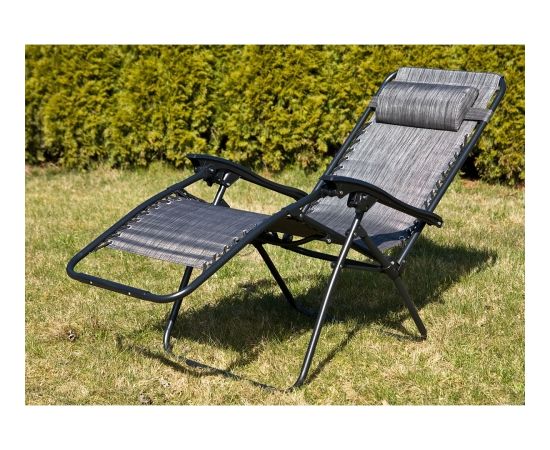 Saska Garden Daudzfunkcionāls saliekams dārza klāja krēsls ar galdu un avīžu turētāju 175x52 / 65x110cm, pelēks Dārza krēsli