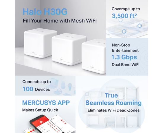 Mercusys AC1300 Whole Home Mesh Wi-Fi System Halo H30G (3-Pack) 802.11ac, 400+867 Mbit/s, Ethernet LAN (RJ-45) ports 2, Mesh Support Yes, MU-MiMO Yes, White