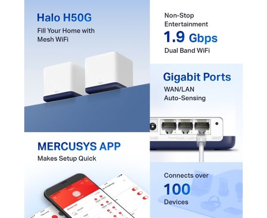 Mercusys AC1900 Whole Home Mesh Wi-Fi System Halo H50G (2-Pack) 802.11ac, 600+1300 Mbit/s, Ethernet LAN (RJ-45) ports 3, Mesh Support Yes, MU-MiMO Yes, White