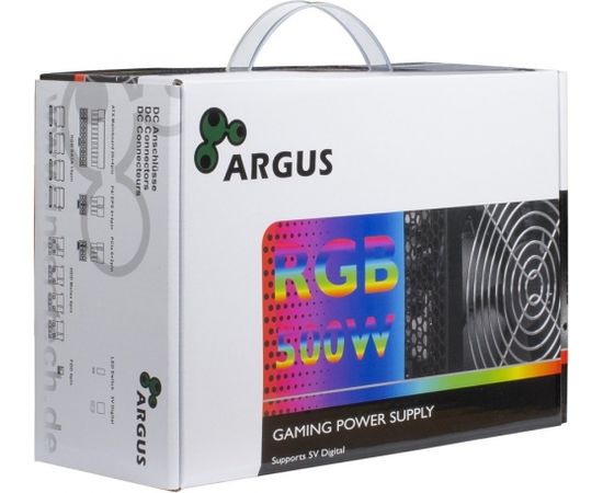 Power Supply INTER-TECH Argus RGB, 80PLUS Bronze, 500W, Retail, 1x140 Fan, 1x20+4Pin, 4+4Pin, 1xPCI-e 6+2Pin, 4x4Pin (Molex), 4xSATA, 1xFDD, rev 2.0