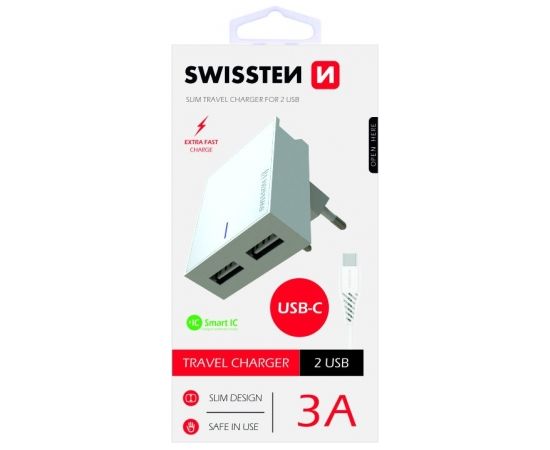 Swissten Premium Зарядное устройство USB 3А / 15W С проводом USB-C 120 см Белое