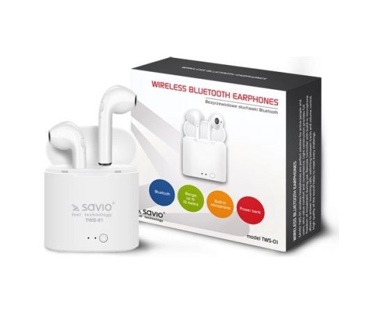 Savio TWS-01 Wireless Bluetooth Earphones, White