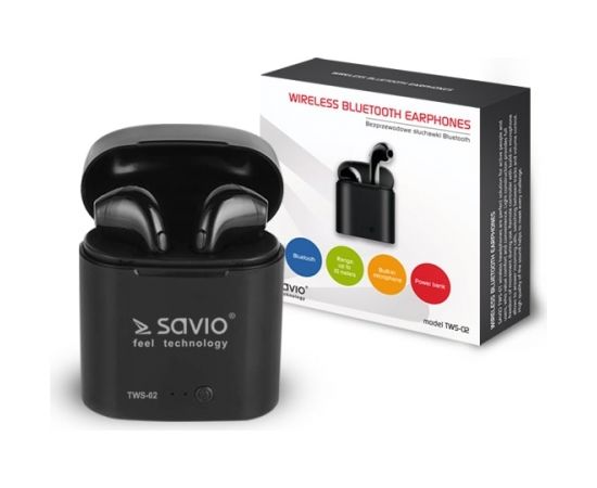 Savio TWS-02 Wireless Bluetooth Earphones, Black