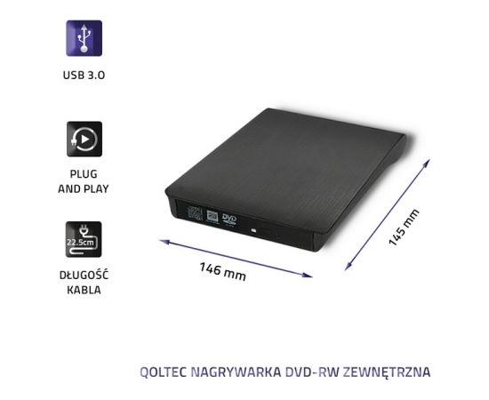 Qoltec 51857 External DVD-RW recorder |USB 3:0|Black