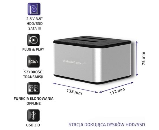 Qoltec 5316 2x HDD / SSD docking station | 2.5 "/3.5" SATA | USB 3.0 | Clonning
