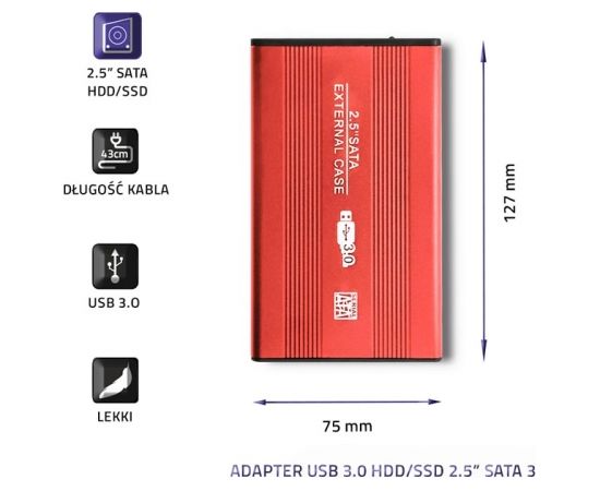 Qoltec 51860 External Hard Drive Case HDD/SSD 2.5'' SATA3 | USB 3.0 | Red