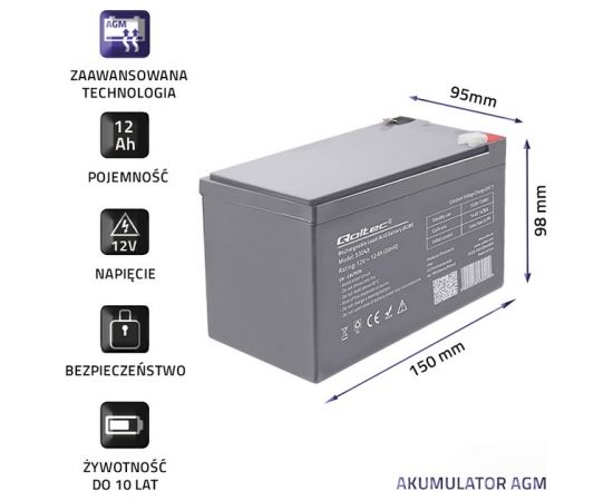 Qoltec 53049 AGM battery | 12V |  12Ah