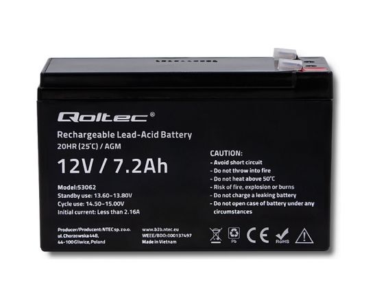 Qoltec 53062 AGM battery | 12V | 7.2 Ah | max 108A