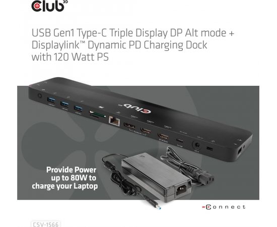 Club 3d CLUB3D USB Gen1 Type-C Triple Display DP Alt mode Displaylink Dynamic PD Charging Dock with 120 Watt PS