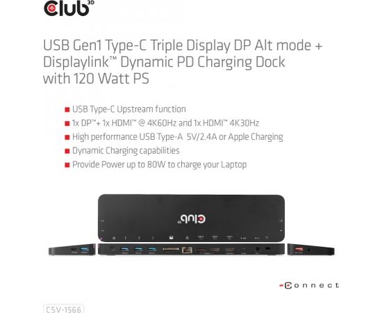 Club 3d CLUB3D USB Gen1 Type-C Triple Display DP Alt mode Displaylink Dynamic PD Charging Dock with 120 Watt PS