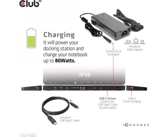 Club 3d CLUB3D USB Gen1 Type-C Triple Display DP Alt mode Displaylink Dynamic PD Charging Dock with 120 Watt PS