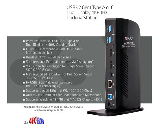 Club 3d CLUB3D USB3.2 Gen1 Type A or C Dual Display 4K60Hz Docking Station DisplayLink® Certified