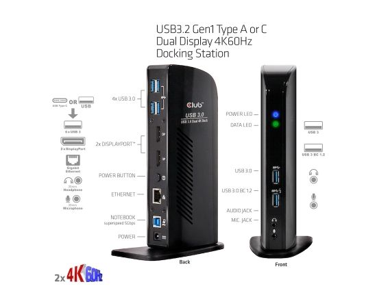 Club 3d CLUB3D USB3.2 Gen1 Type A or C Dual Display 4K60Hz Docking Station DisplayLink® Certified