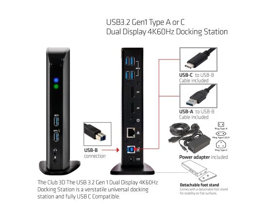 Club 3d CLUB3D USB3.2 Gen1 Type A or C Dual Display 4K60Hz Docking Station DisplayLink® Certified