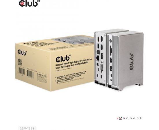 Club 3d CLUB3D Docking station(Metal casing)1x USB Gen2 Type-C Female (data) 2x USB Gen2 Type-A Female 1x USB Gen1 Type-A Female 1x USB Type-A (RED) Smart Charging port 5V/2.4A Max. • 2x HDMI™ (DP Alt Mode) 1x DP™ (DP Alt Mode) hdr 1x VGA 1x RJ45 1 + 120 