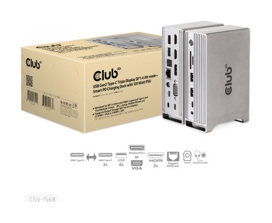 Club 3d CLUB3D Docking station(Metal casing)1x USB Gen2 Type-C Female (data) 2x USB Gen2 Type-A Female 1x USB Gen1 Type-A Female 1x USB Type-A (RED) Smart Charging port 5V/2.4A Max. • 2x HDMI™ (DP Alt Mode) 1x DP™ (DP Alt Mode) hdr 1x VGA 1x RJ45 1 + 120 