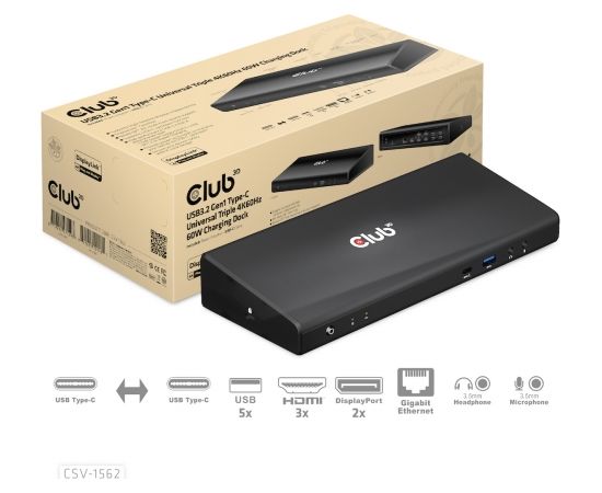 Club 3d CLUB3D The CSV-1562 is an USB3.2 Gen1 Type-C Universal Triple 4K60Hz Charging Docking Station and is DisplayLink® Certified. The Universal Charging Dock