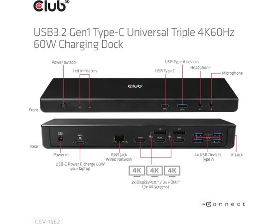 Club 3d CLUB3D The CSV-1562 is an USB3.2 Gen1 Type-C Universal Triple 4K60Hz Charging Docking Station and is DisplayLink® Certified. The Universal Charging Dock