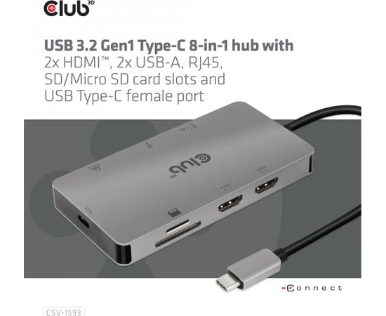 Club 3d CLUB3D USB 3.2 Gen1 Type-C 8-in-1 hub with 2x HDMI, 2x USB-A, RJ45, SD/ Micro SD card slots and USB Type-C female port