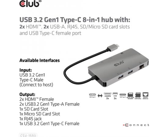 Club 3d CLUB3D USB 3.2 Gen1 Type-C 8-in-1 hub with 2x HDMI, 2x USB-A, RJ45, SD/ Micro SD card slots and USB Type-C female port