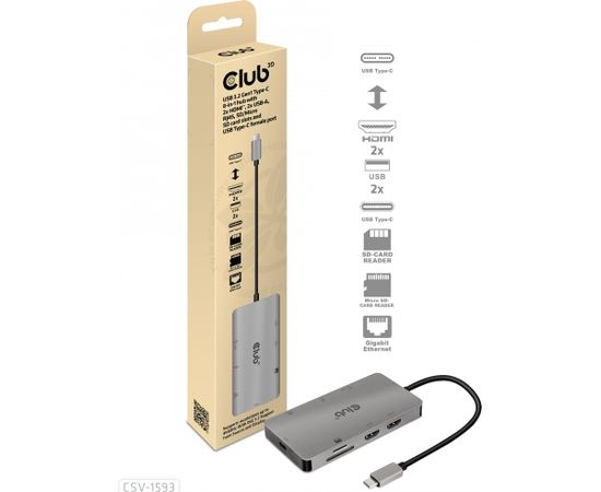 Club 3d CLUB3D USB 3.2 Gen1 Type-C 8-in-1 hub with 2x HDMI, 2x USB-A, RJ45, SD/ Micro SD card slots and USB Type-C female port