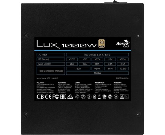 Aerocool LUX1000 PC Power Supply 1000W 80 Plus Gold 90% Efficiency Black