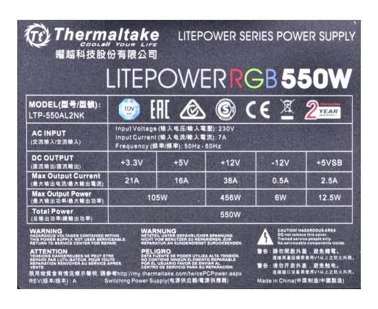 Computer power supply THERMALTAKE LITEPOWER RGB 550W, 24-pin