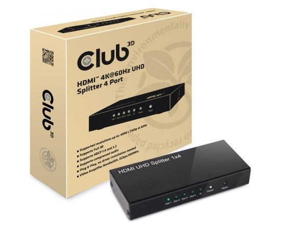 CLUB 3D HDMI™ 4K@60Hz UHD Splitter AC Power 4 ports