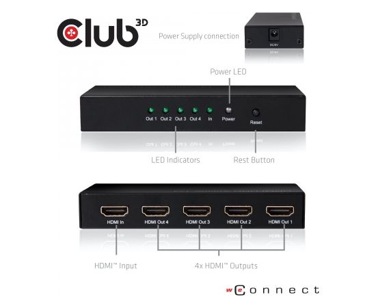 CLUB 3D HDMI™ 4K@60Hz UHD Splitter AC Power 4 ports