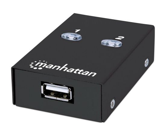 Manhattan USB-A Automatic Sharing Switch, 2x USB-B Ports, 480 Mbps (USB 2.0), Dual Control (Auto-Sensing or Manual), Bus Powered, Hi-Speed USB, inc 1x 1.5m USB-A to USB-B cable, Black, Three Year Warranty, Blister