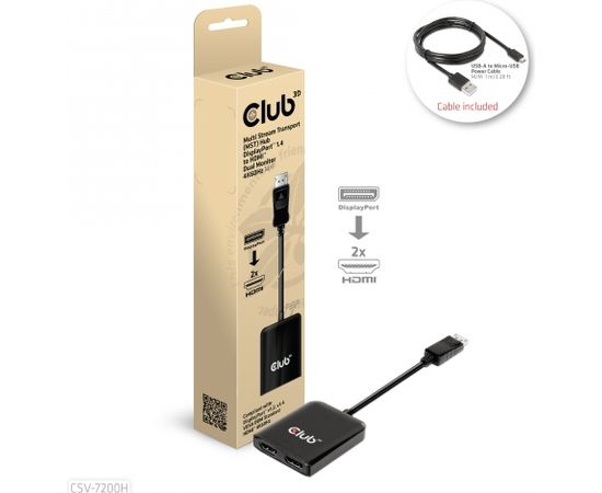 CLUB 3D Multi Stream Transport (MST) Hub DisplayPort 1.4 to HDMI Dual Monitor 4K60Hz M/F