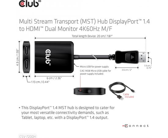 CLUB 3D Multi Stream Transport (MST) Hub DisplayPort 1.4 to HDMI Dual Monitor 4K60Hz M/F