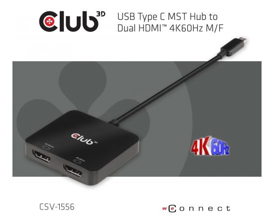 CLUB 3D USB Type C MST Hub to Dual HDMI 4K60Hz M/F